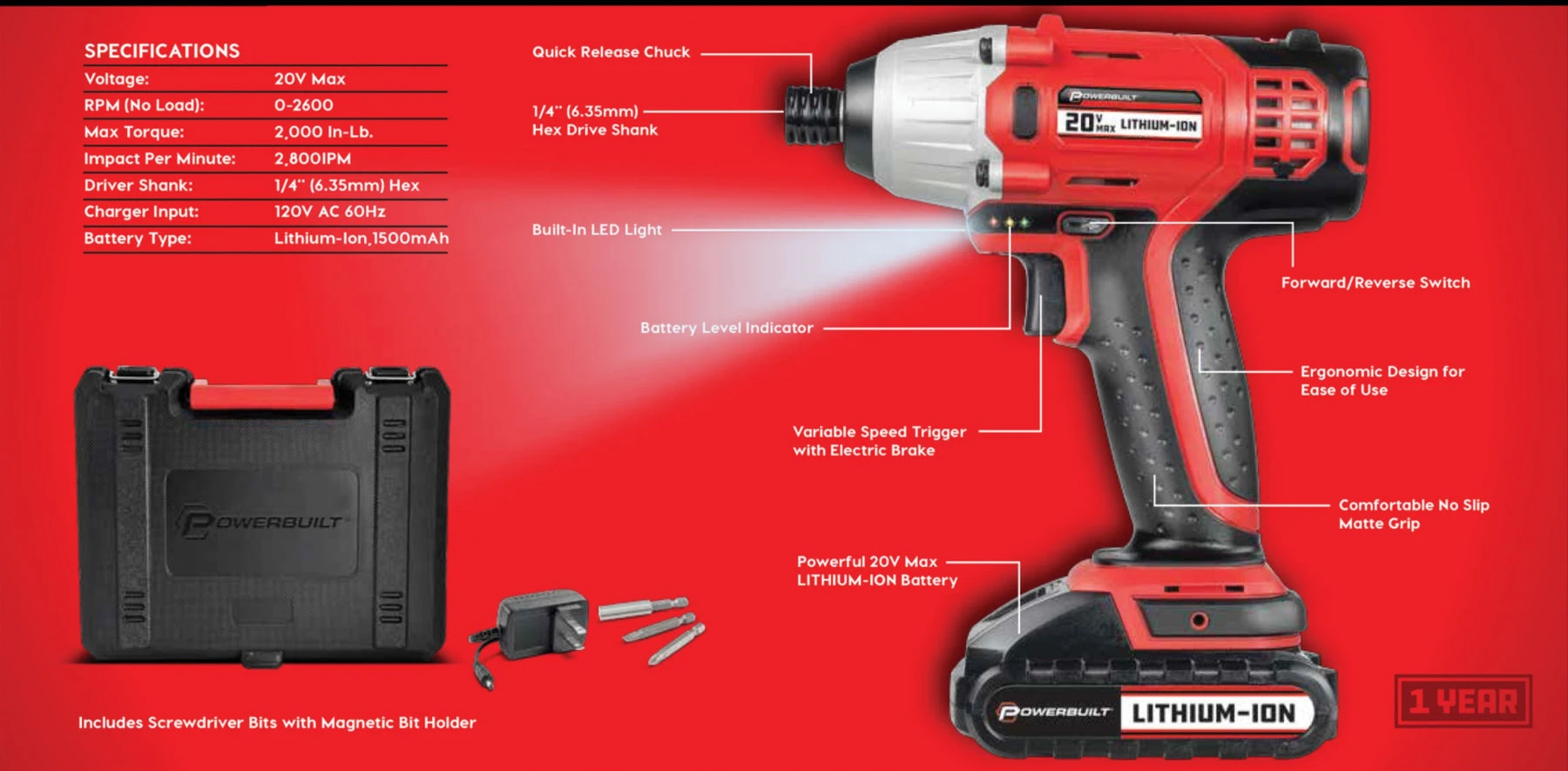 Powerbuilt 20V Cordless Impact Driver And 20V Cordless Drill Combo Kit With Tool Bag - Image 7